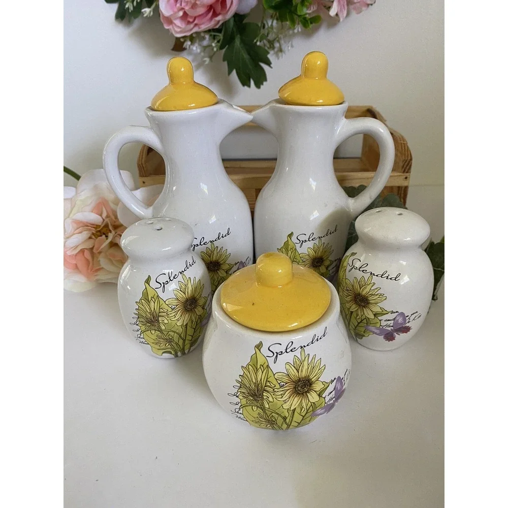 Vintage‎ Ceramic Sunflowers Salt Pepper Vinegar Oil Set Cruet Set Wooden Caddy